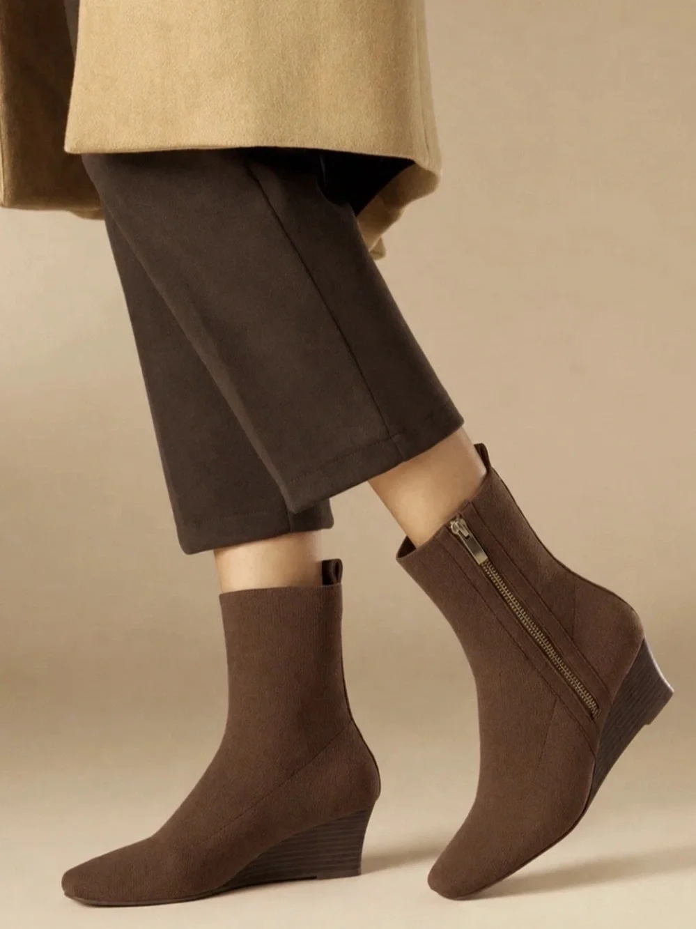 VIVAIA Micaela Side Zip Wedge Boots Dark Brown Mid Calf 38.5 8.5 K